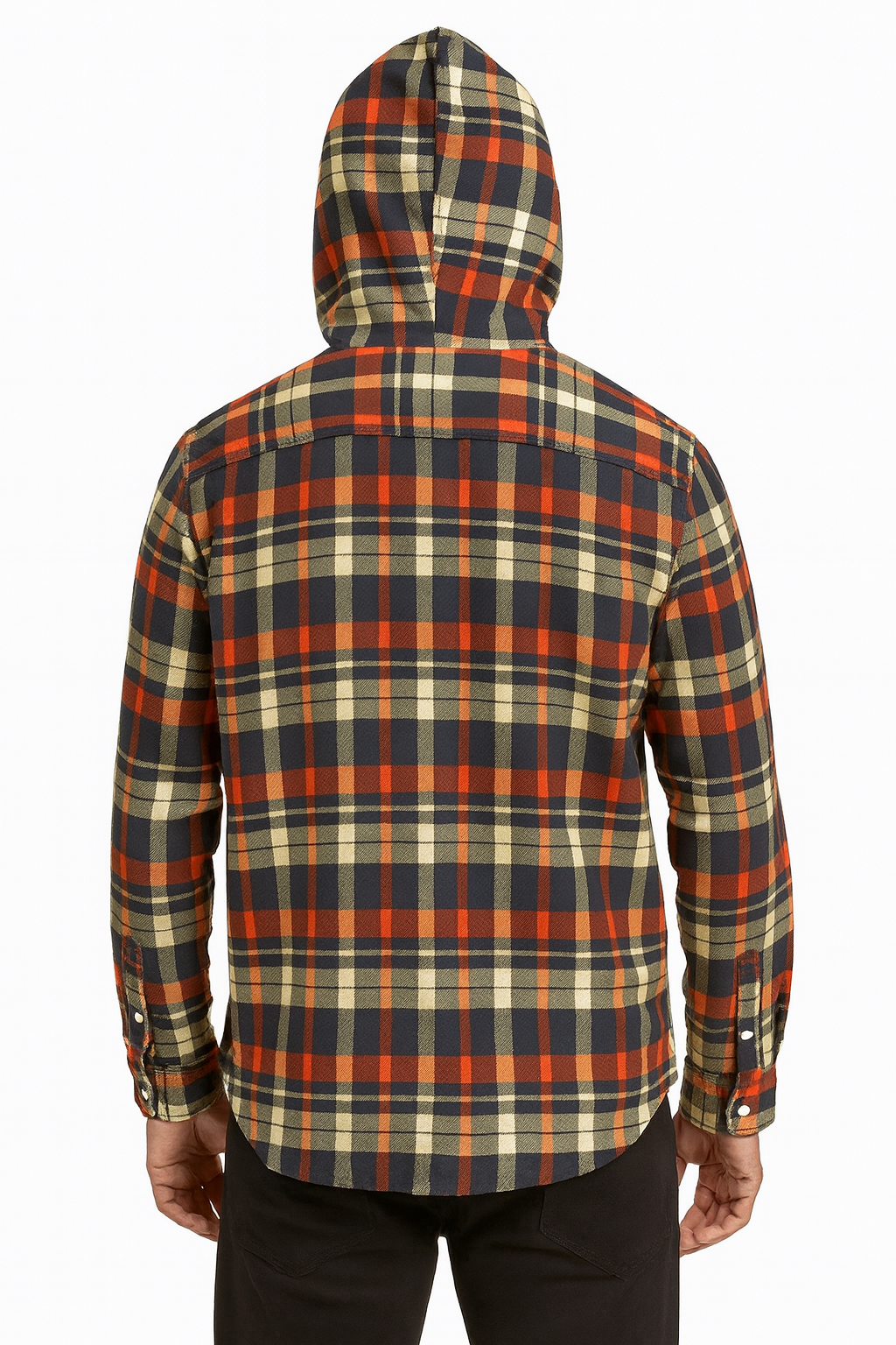 "Men's Checkered Hooded Casual Shirt – Red, Navy & Yellow Plaid"