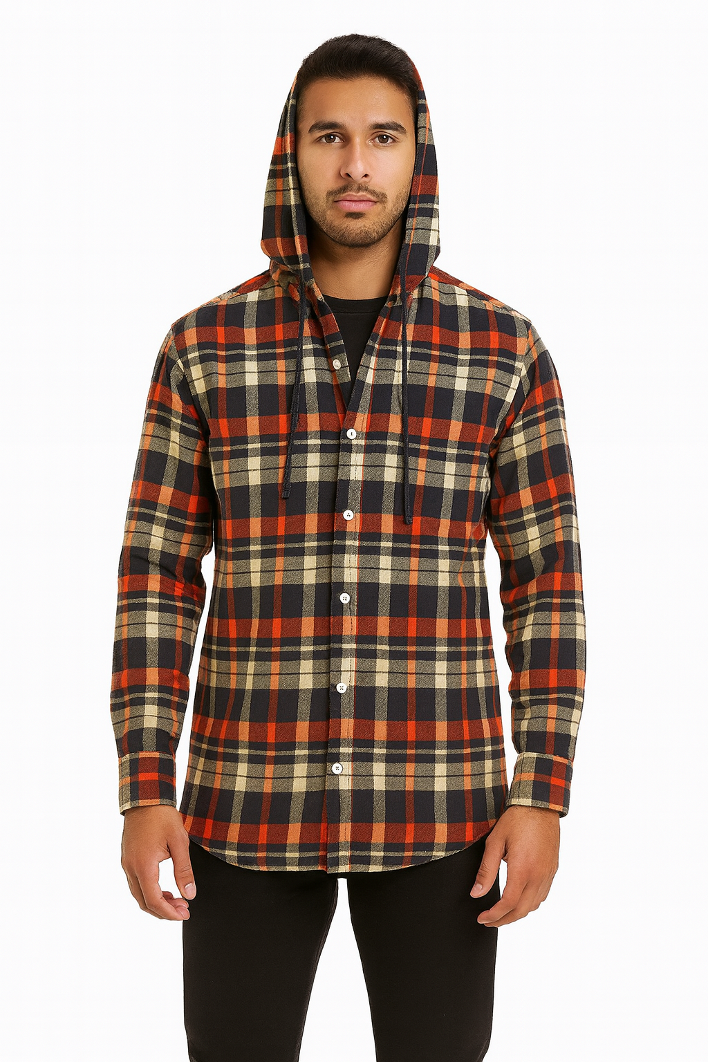 "Men's Checkered Hooded Casual Shirt – Red, Navy & Yellow Plaid"