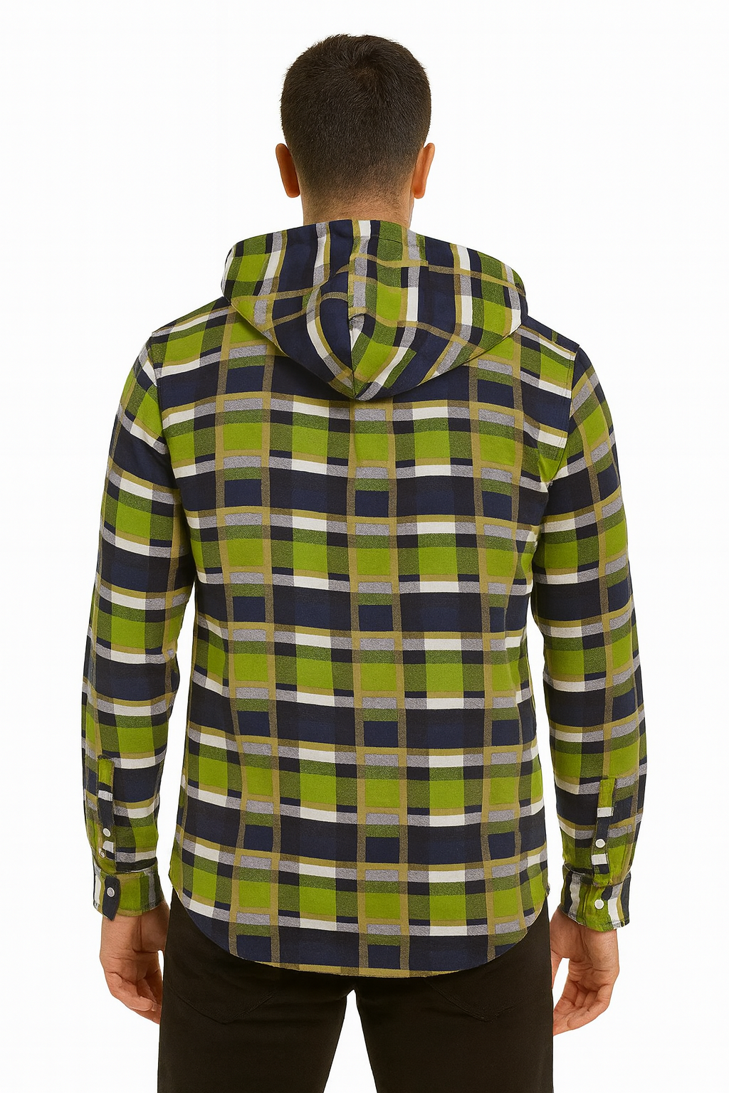 Men’s Green & Navy Plaid Hooded Button-Up Shirt