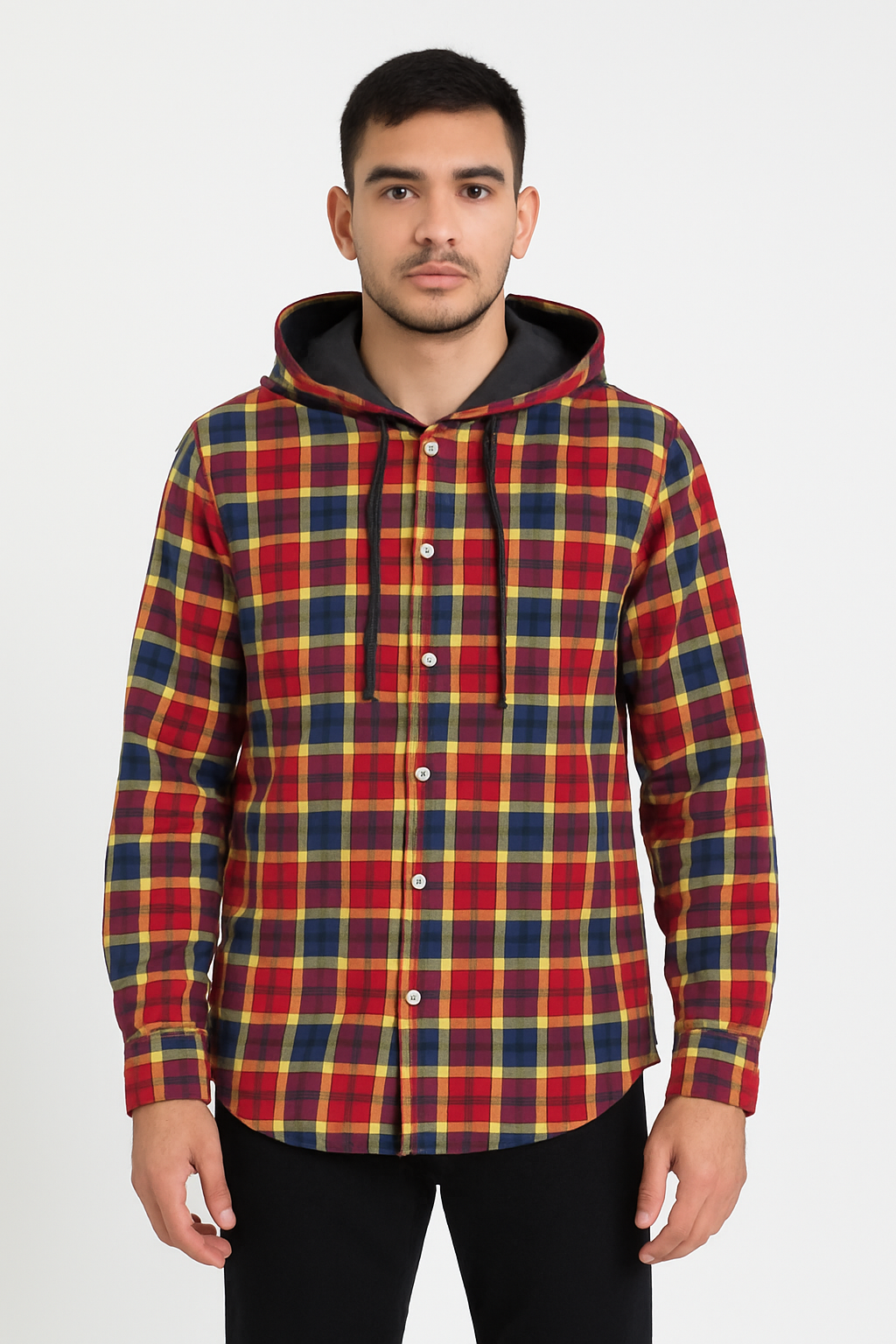 Red & Yellow Checkered Button-Up Hoodie Shirt for Men