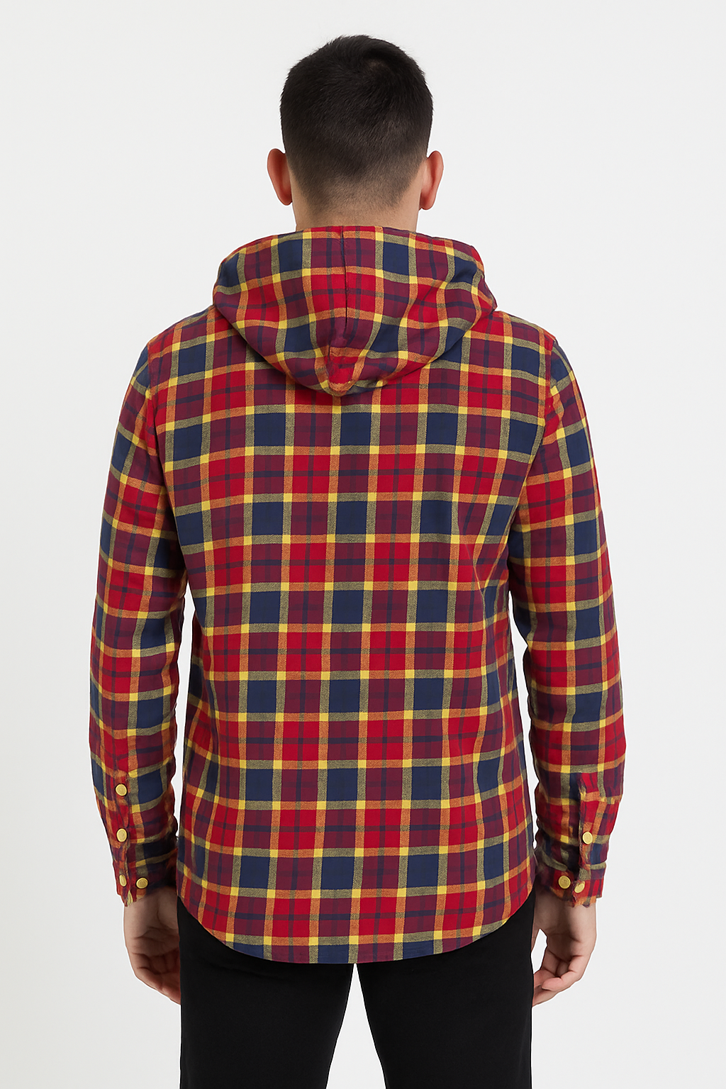 Red & Yellow Checkered Button-Up Hoodie Shirt for Men
