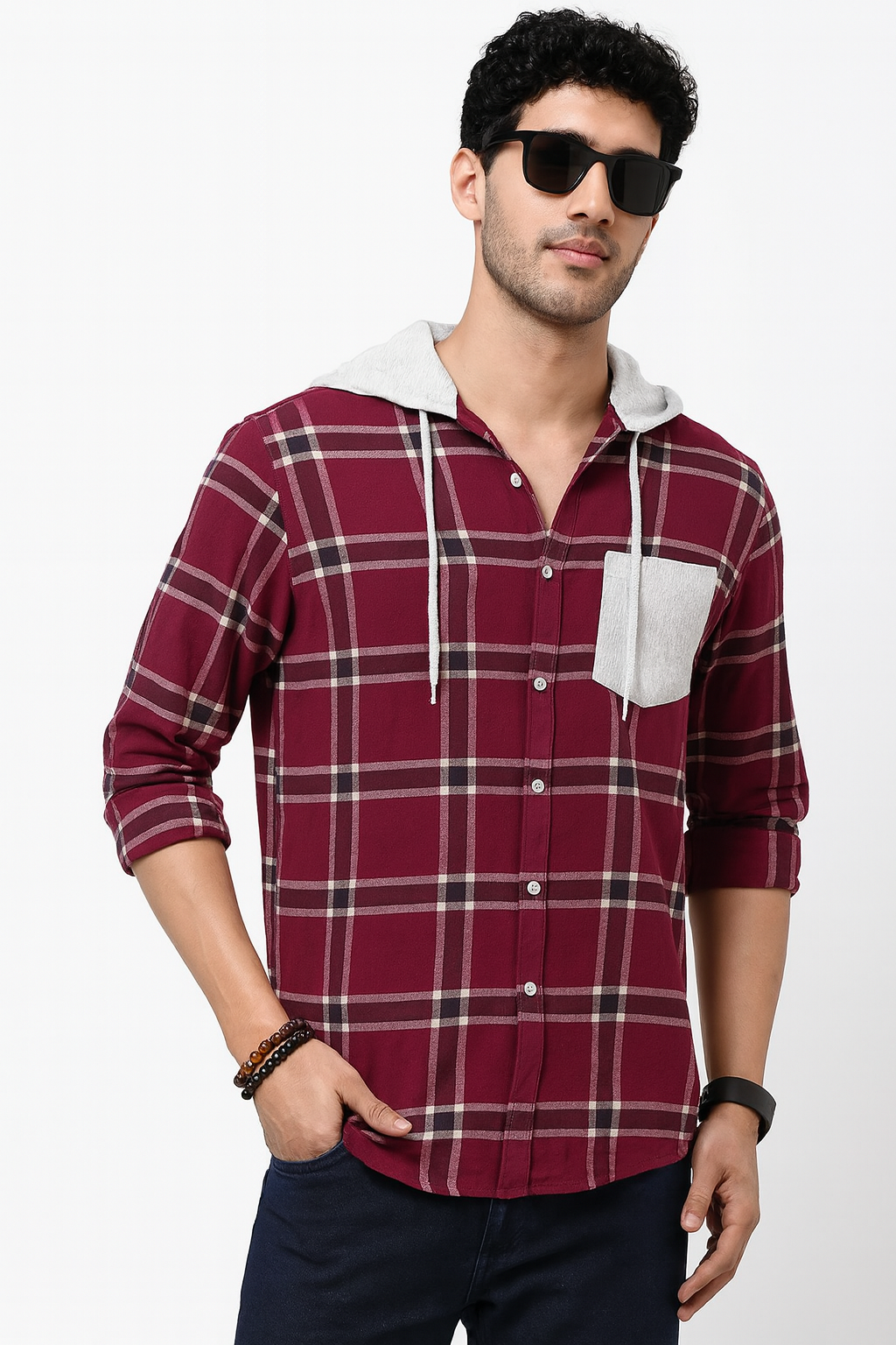 Men’s Maroon Checkered Hooded Casual Shirt – Full Sleeve"