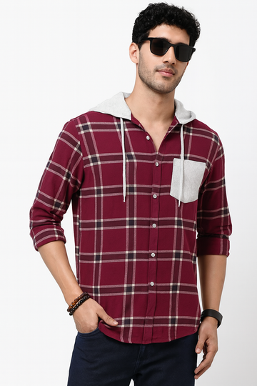 Men’s Maroon Checkered Hooded Casual Shirt – Full Sleeve"