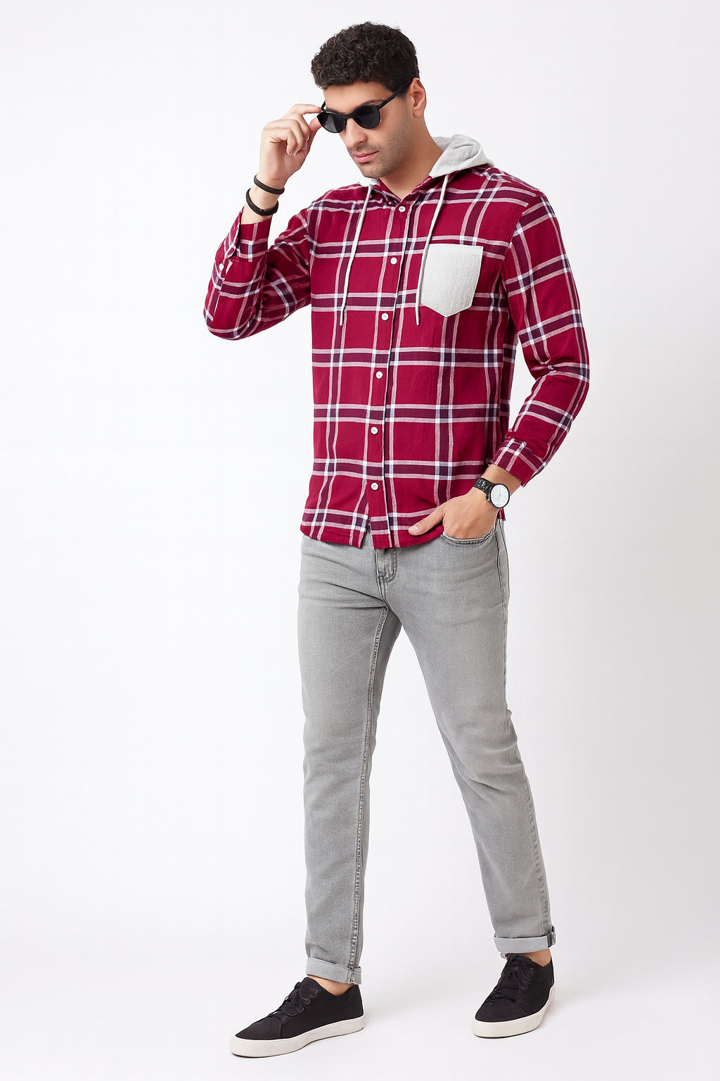 Men’s Maroon Checkered Hooded Casual Shirt – Full Sleeve"