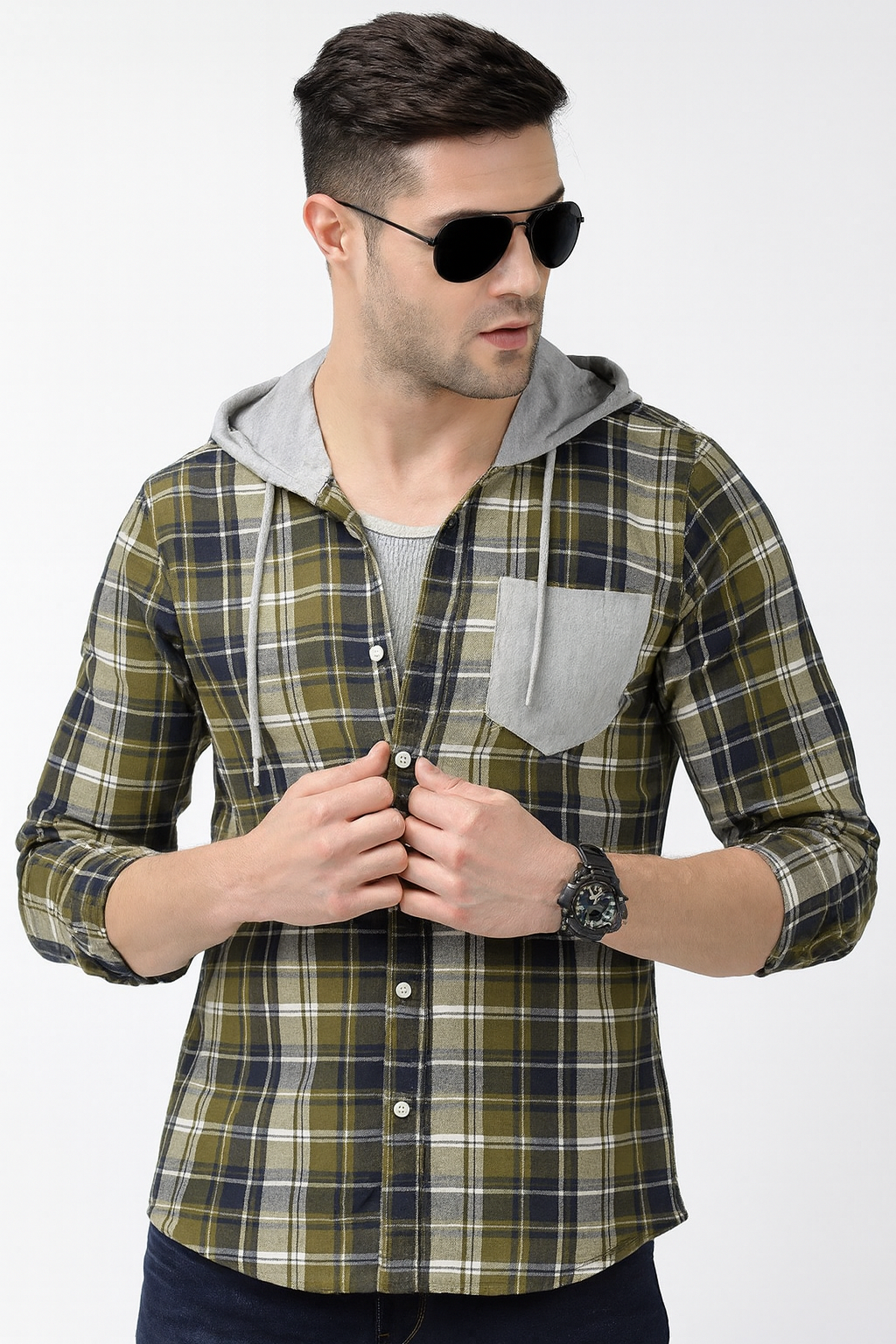 "Men’s Olive Green Checkered Hooded Casual Shirt – Full Sleeve"/ MH