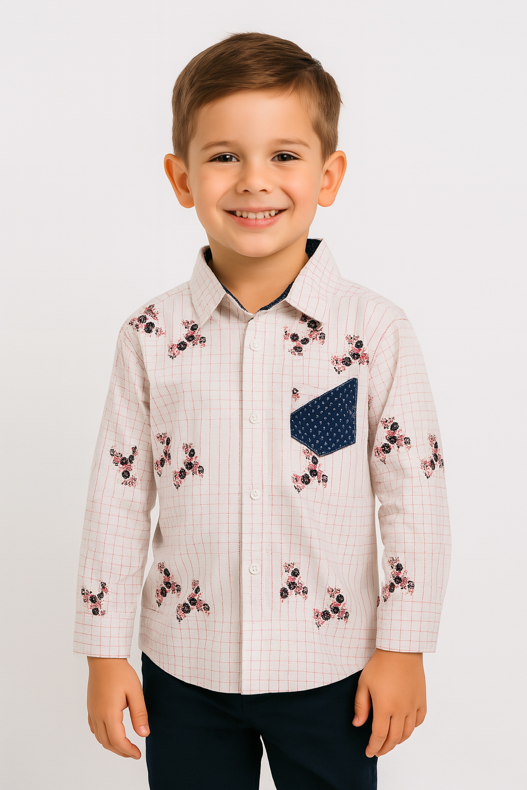 Boys’ Grid & Floral-Print Long-Sleeve Button-Down Shirt