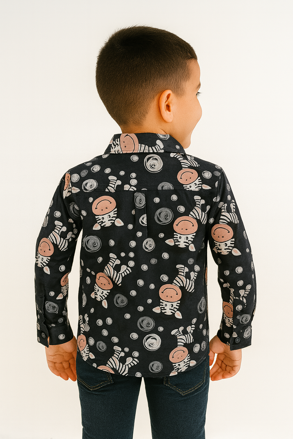 Starlight Zebra: Boys’ Navy Print Button-Down Shirt