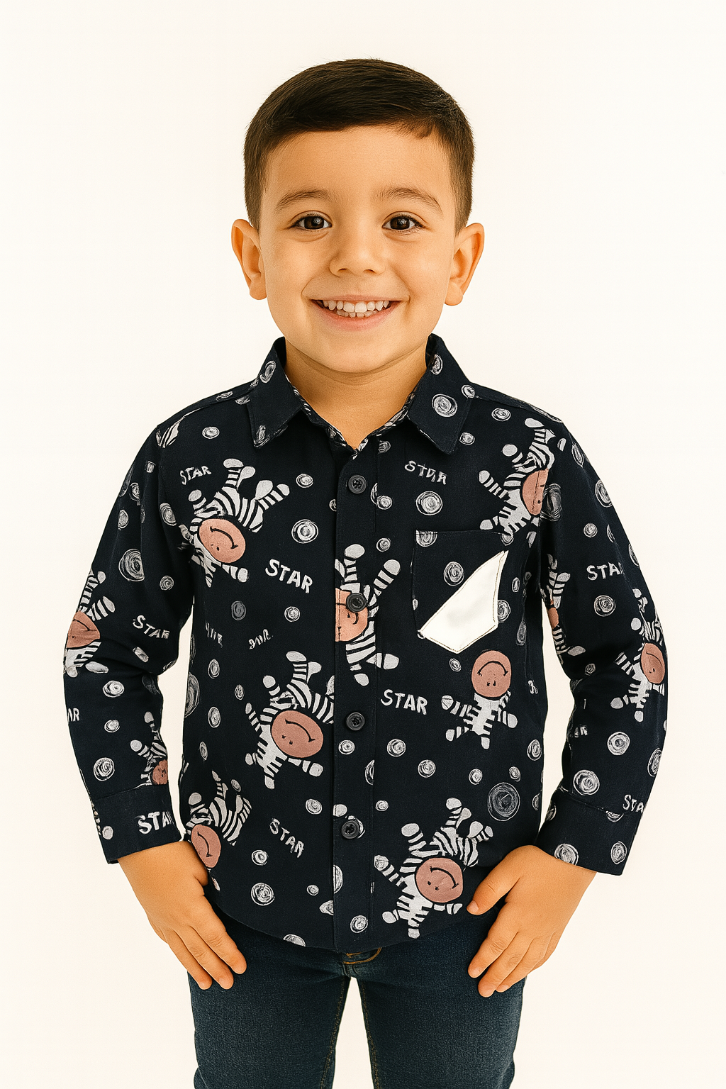 Starlight Zebra: Boys’ Navy Print Button-Down Shirt