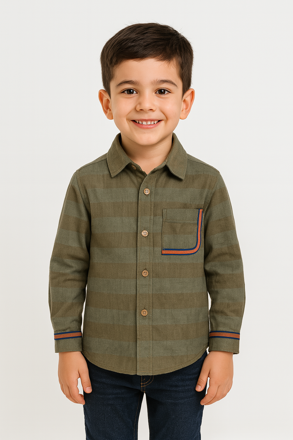 Olive Horizon: Boys’ Striped Long-Sleeve Button-Down with Contrast Pocket Shirt I MH