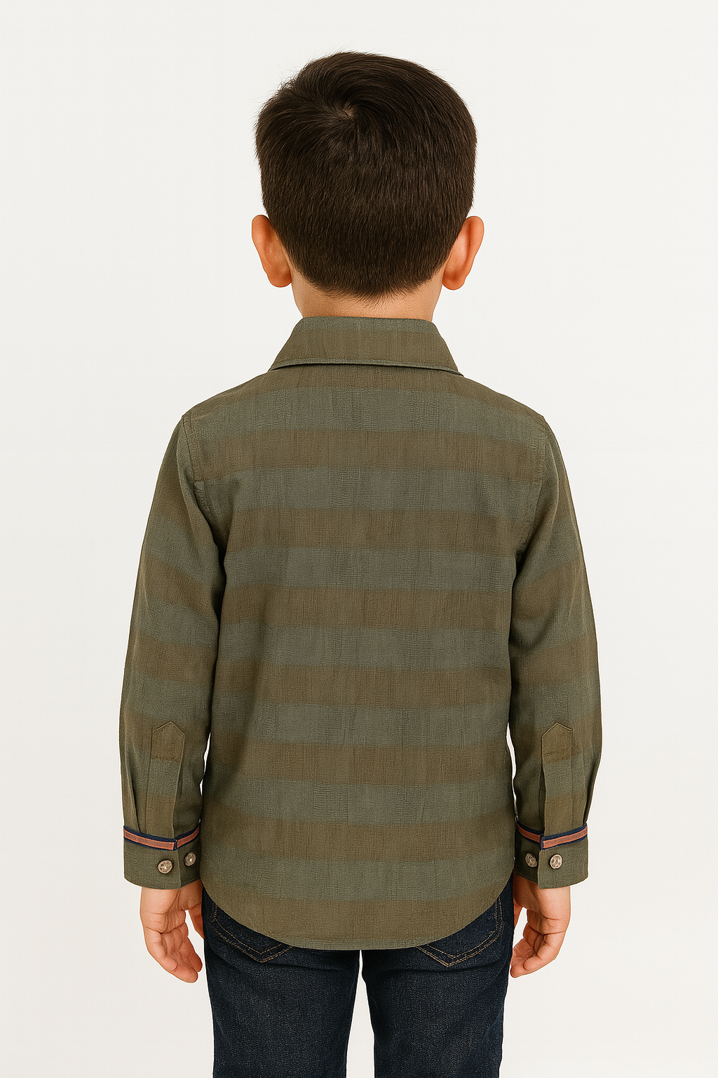 Olive Horizon: Boys’ Striped Long-Sleeve Button-Down with Contrast Pocket Shirt I MH