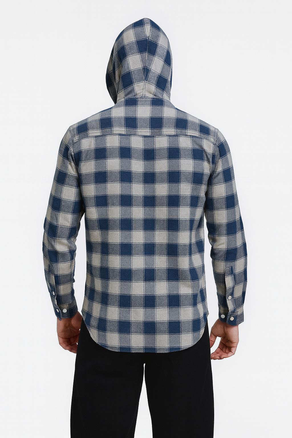 "Men’s Blue & Grey Checkered Hooded Casual Shirt – Full Sleeve"/MH