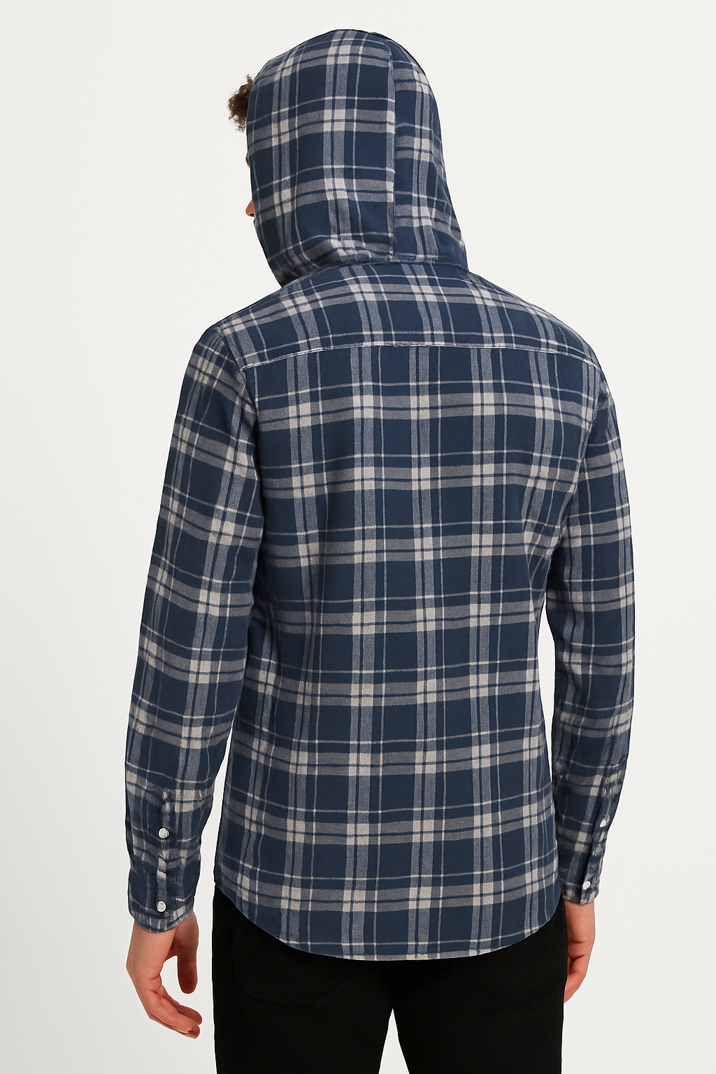 "Men’s Navy Blue Checkered Hooded Casual Shirt – Full Sleeve /MH