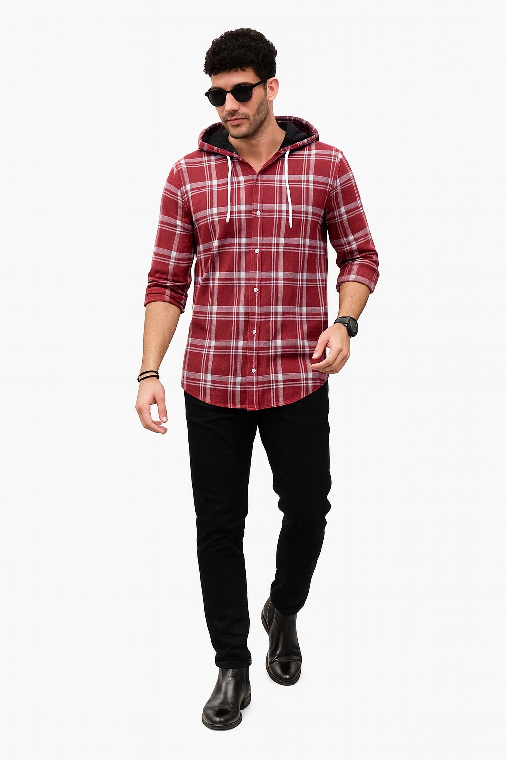 "Men’s Maroon & White Checkered Hooded Casual Shirt – Full Sleeve/ MH
