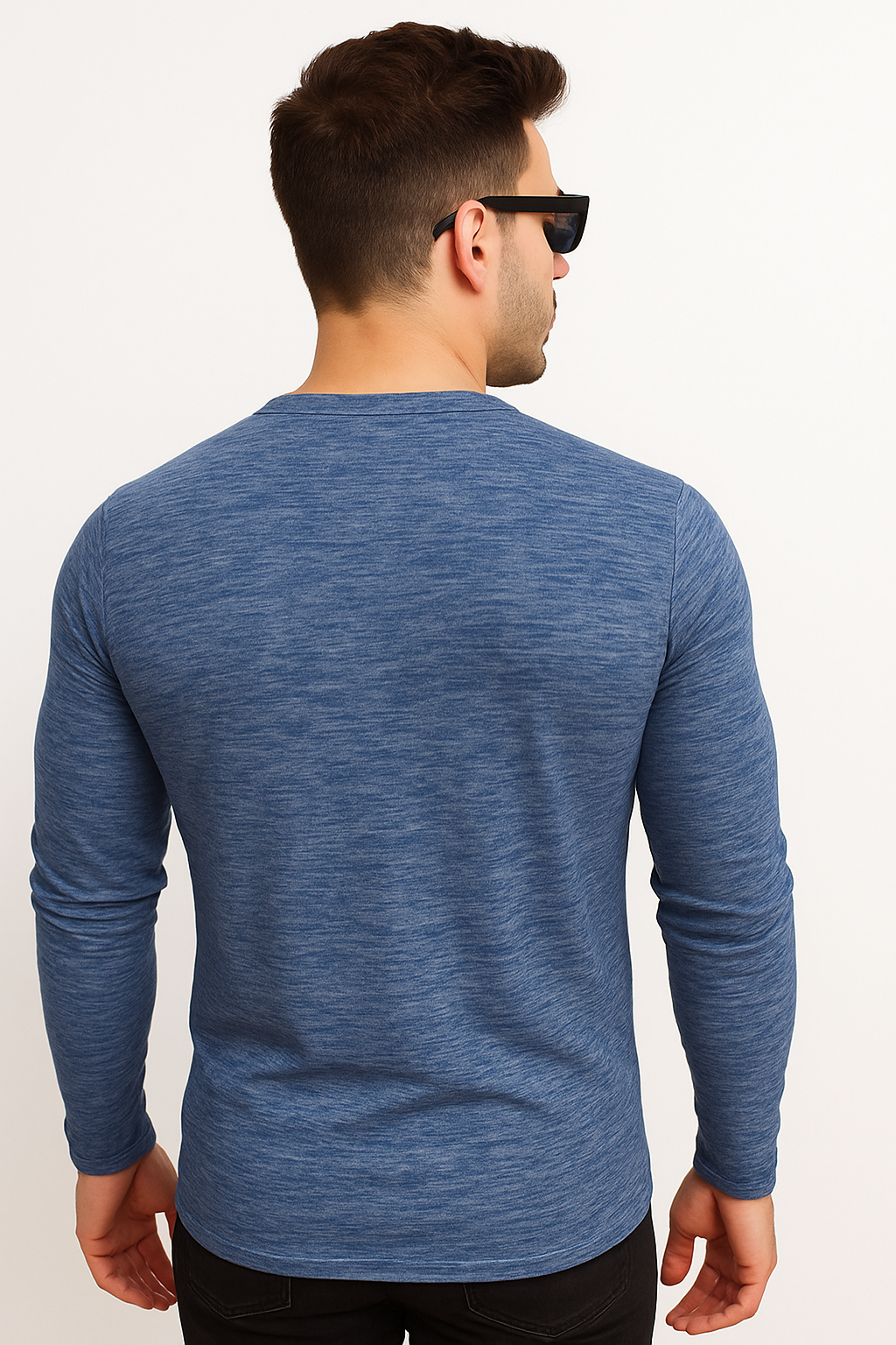 "Men’s Blue Melange V-Neck Henley Long Sleeve" / MH