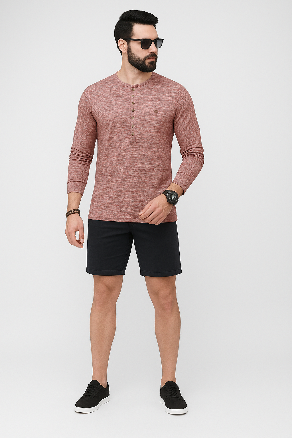 "Men’s 7-Button Henley Long Sleeve T-Shirt – Rust Heather"/MH