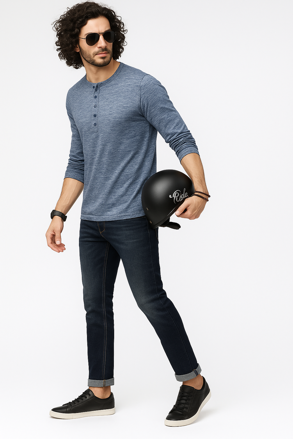 "Men’s 7-Button Henley Long Sleeve T-Shirt – Blue Heather" /MH