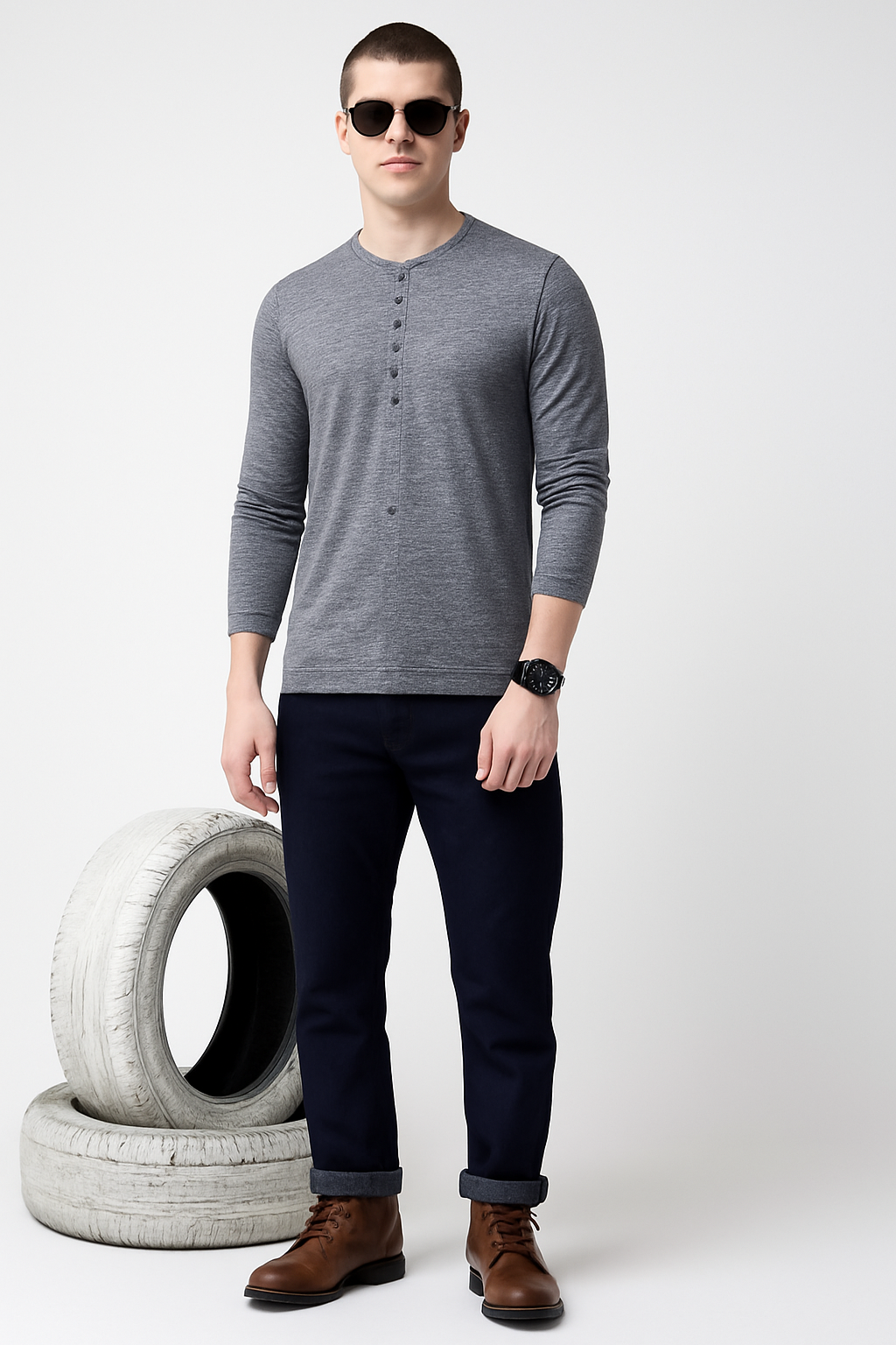 Men’s 7-Button Henley Long Sleeve T-Shirt – Charcoal Heather/MH