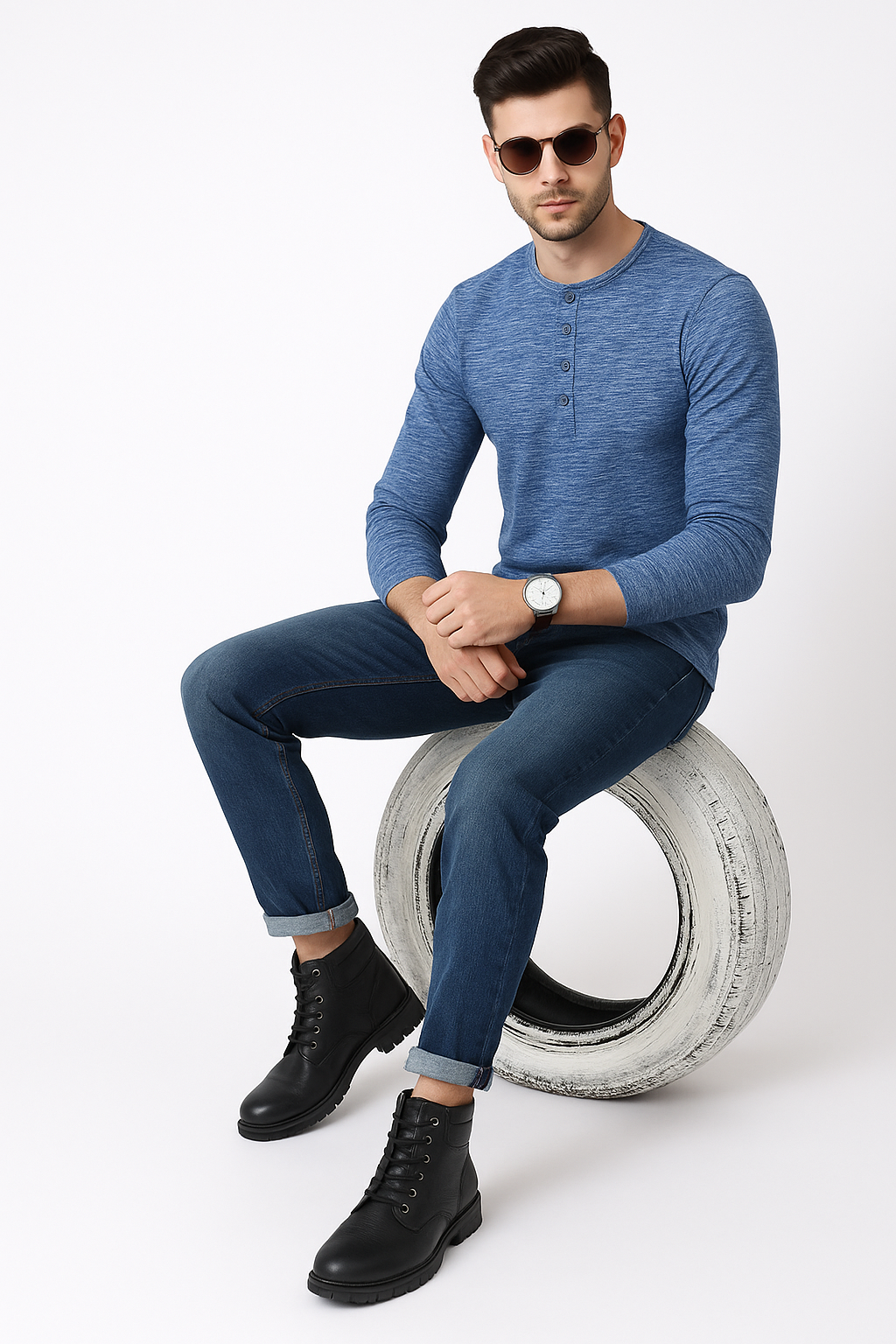 "Men’s 4-Button Henley Long Sleeve T-Shirt – Blue Heather"/MH
