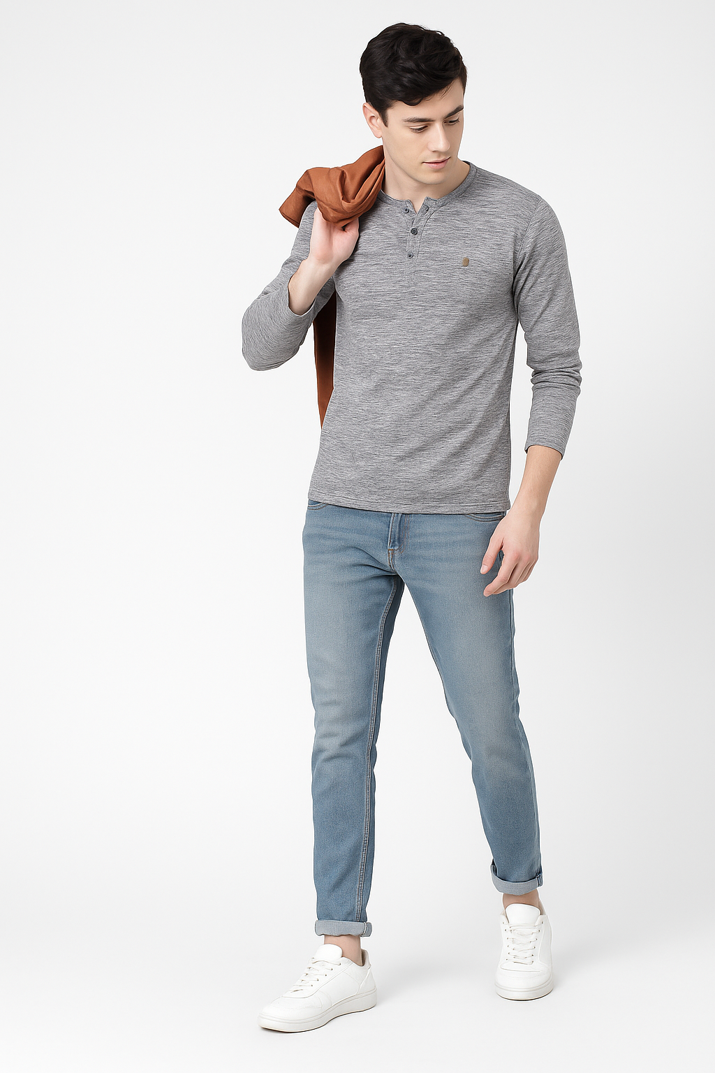 Men’s 4-Button Henley Long Sleeve T-Shirt – Dark Grey Heather/MH