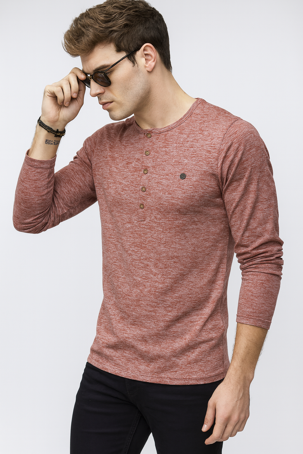 Men’s 4-Button Henley Long Sleeve T-Shirt – Rust Heather/MH