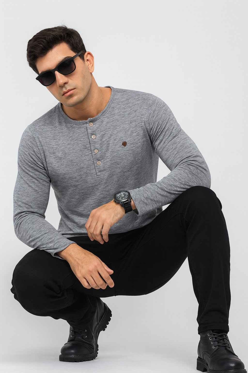 "Men’s 4-Button Full Sleeve Henley T-Shirt – Grey/MH