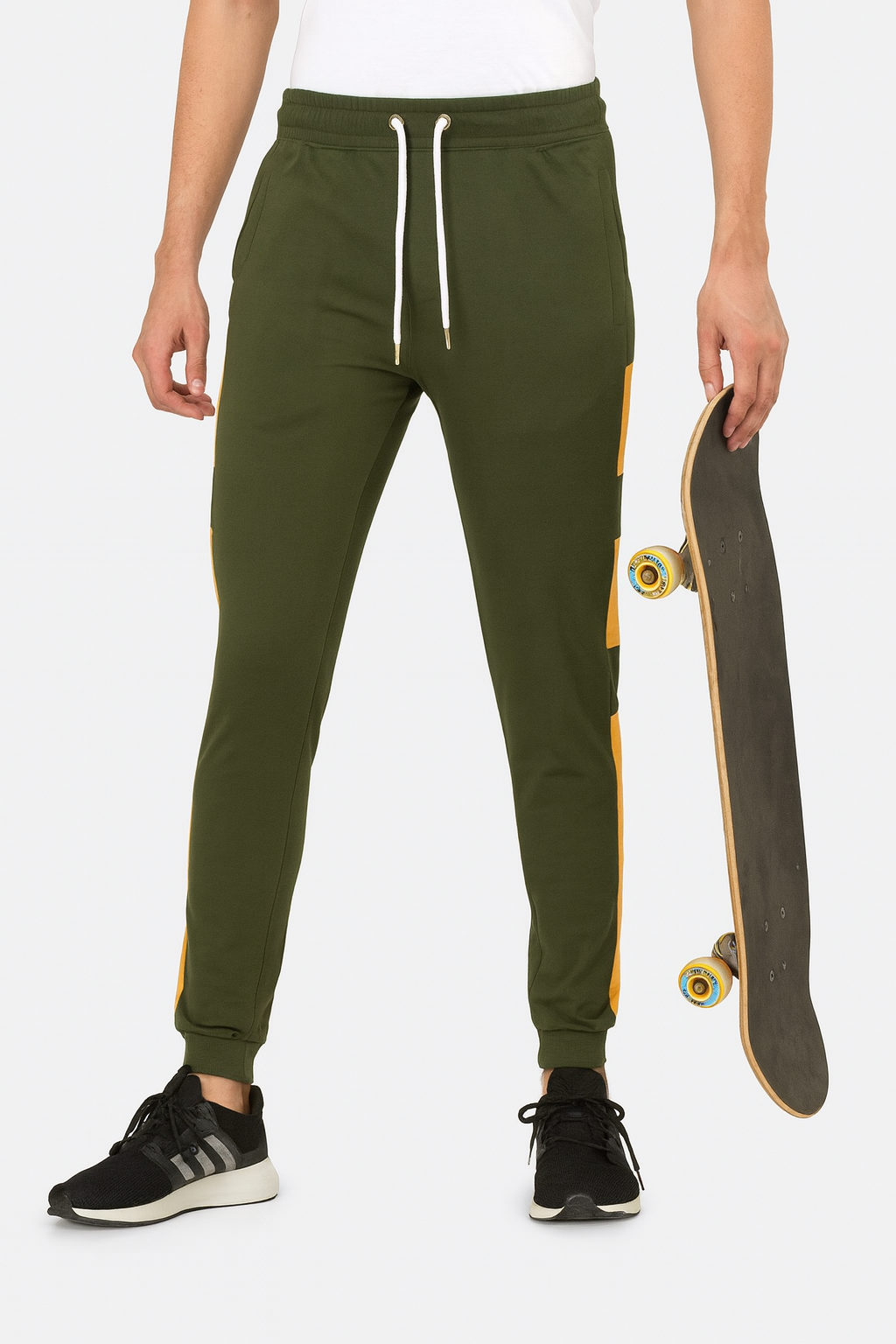 Men’s Olive Green Joggers with Yellow Stripe Panels. /MH