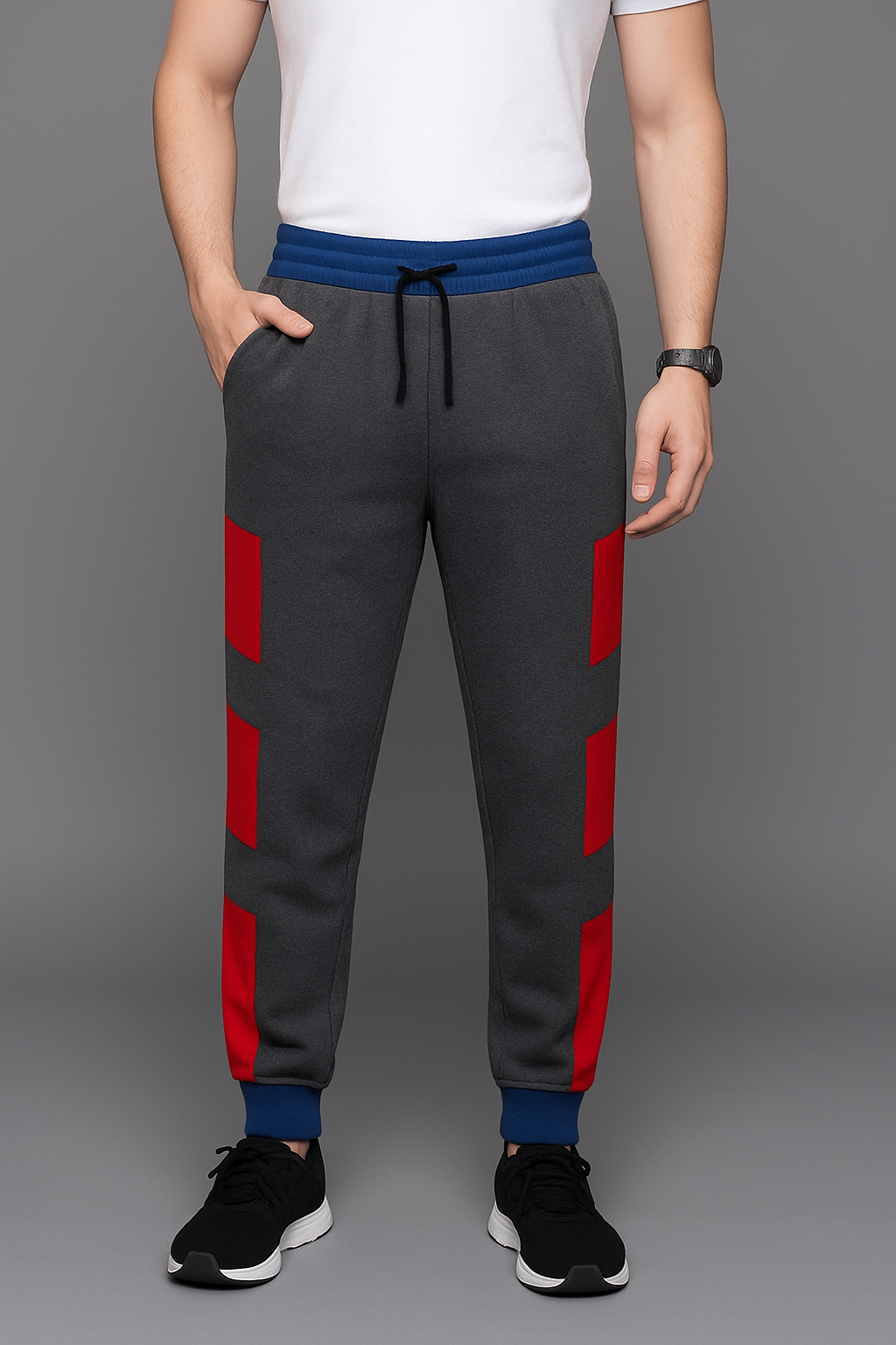 Men’s Dark Grey Joggers with Red Stripe Panels. /MH