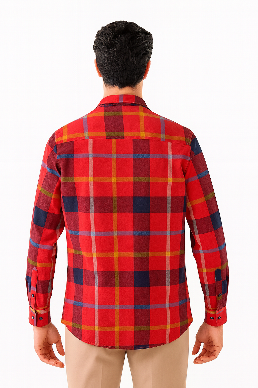Bold Checks, Sharp Style: Red Plaid Shirt with Modern Edge / MH