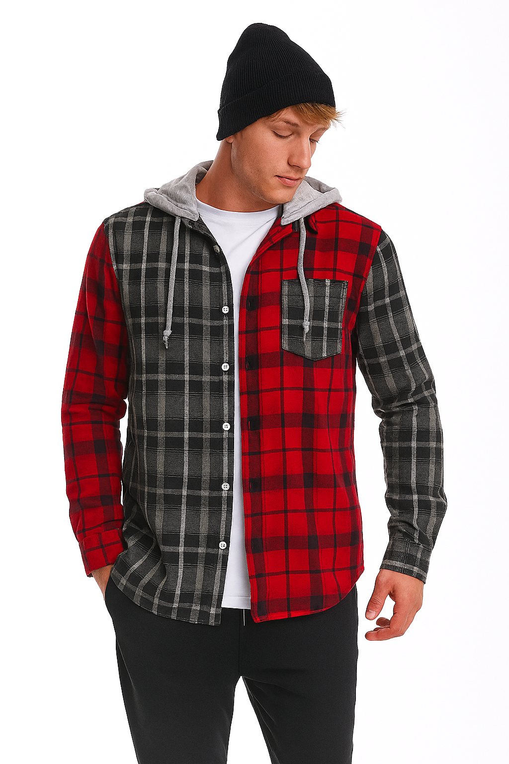 "Two-Tone Plaid Hoodie Shirt – Red & Charcoal / MH