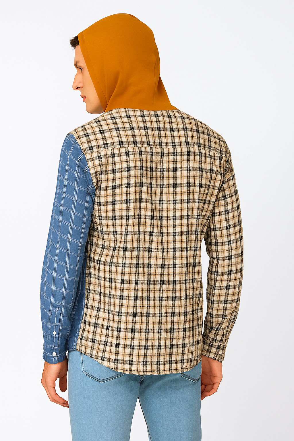 Tone Plaid Hoodie Shirt – Blue & Beige with Mustard Hood