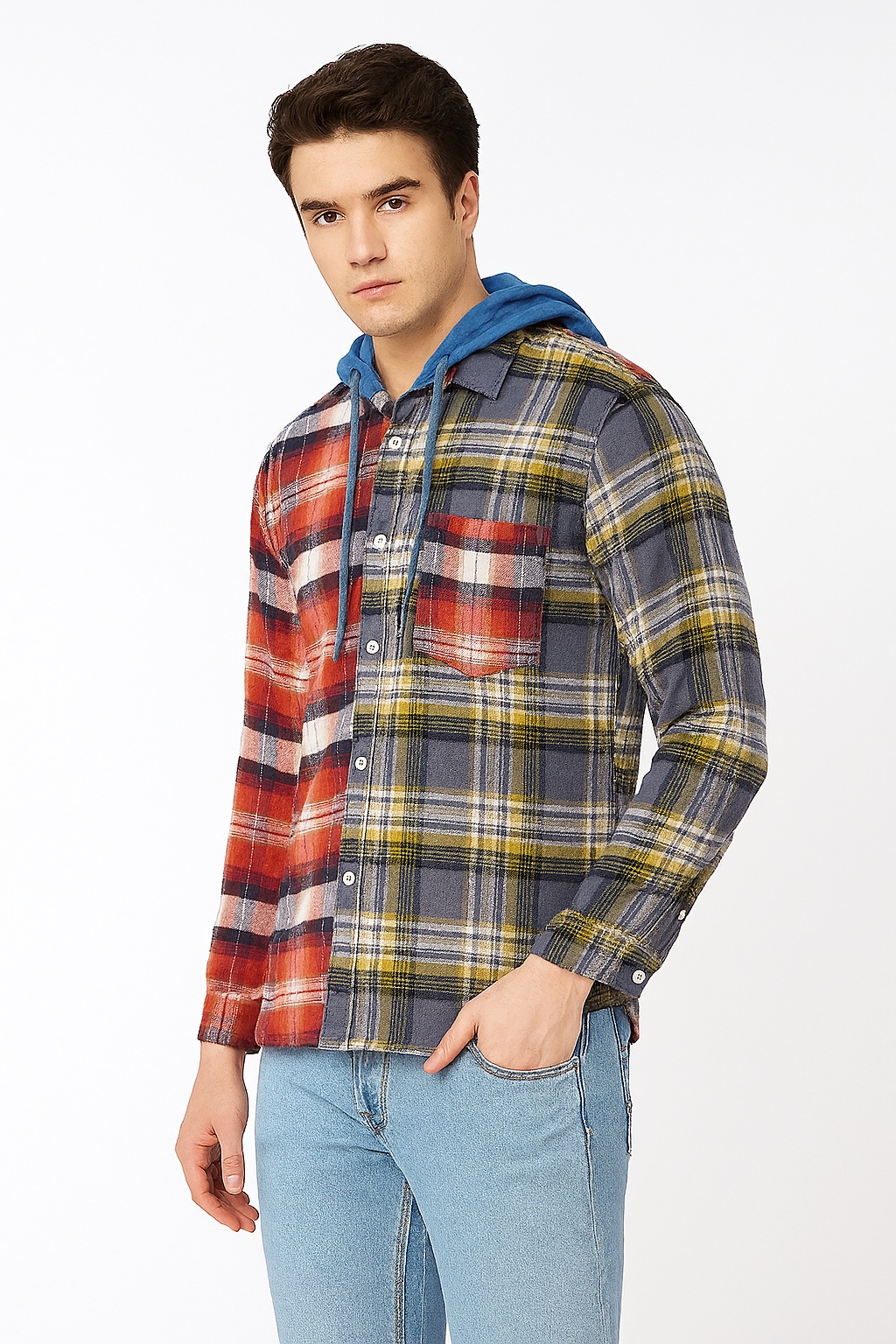 "Men’s Colorblock Plaid Flannel Shirt with Blue Hood"/MH