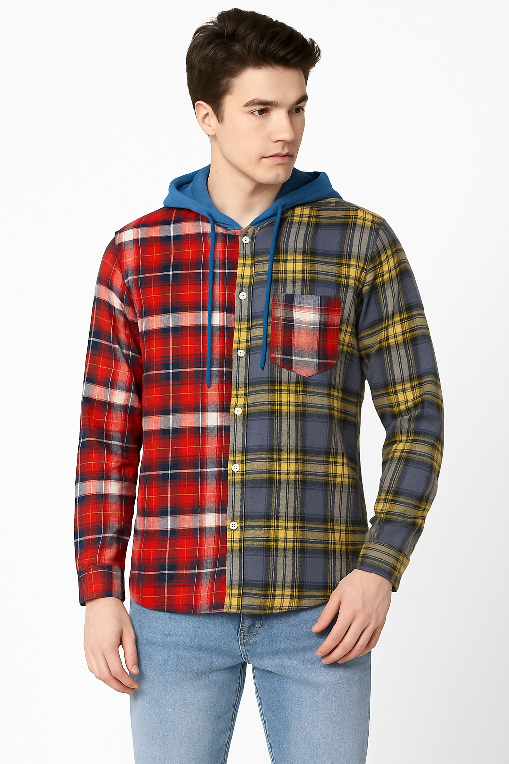 "Men’s Colorblock Plaid Flannel Shirt with Blue Hood"/MH