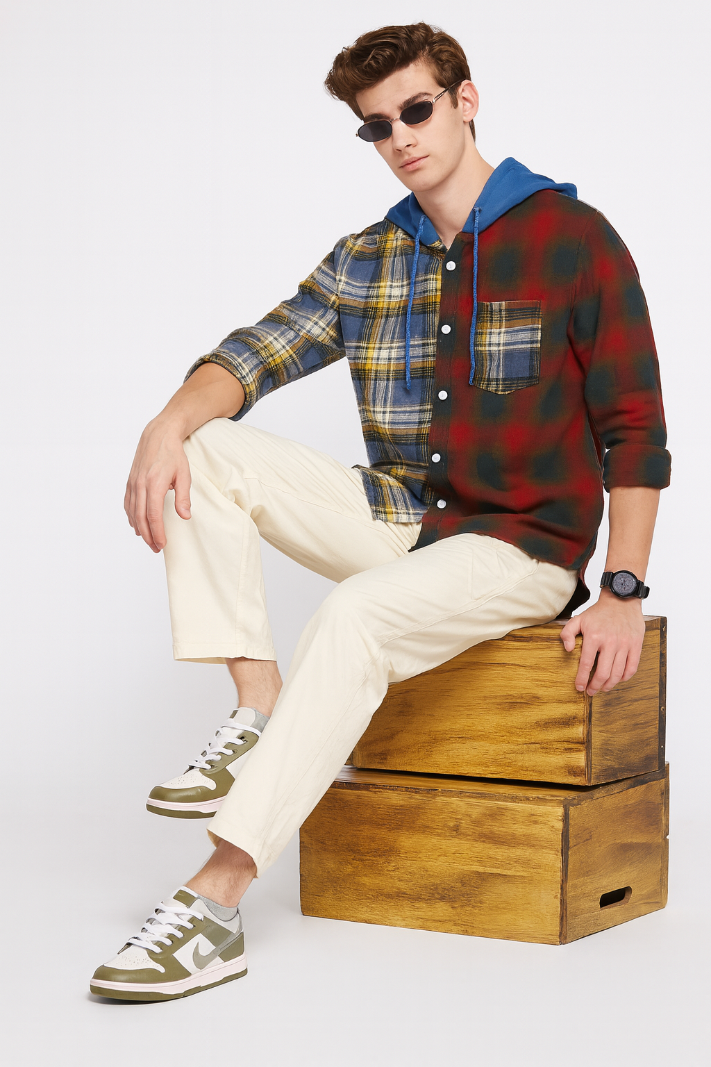 Two-Tone Plaid Hoodie Shirt – Blue-Yellow & Red-Green with Blue Hood