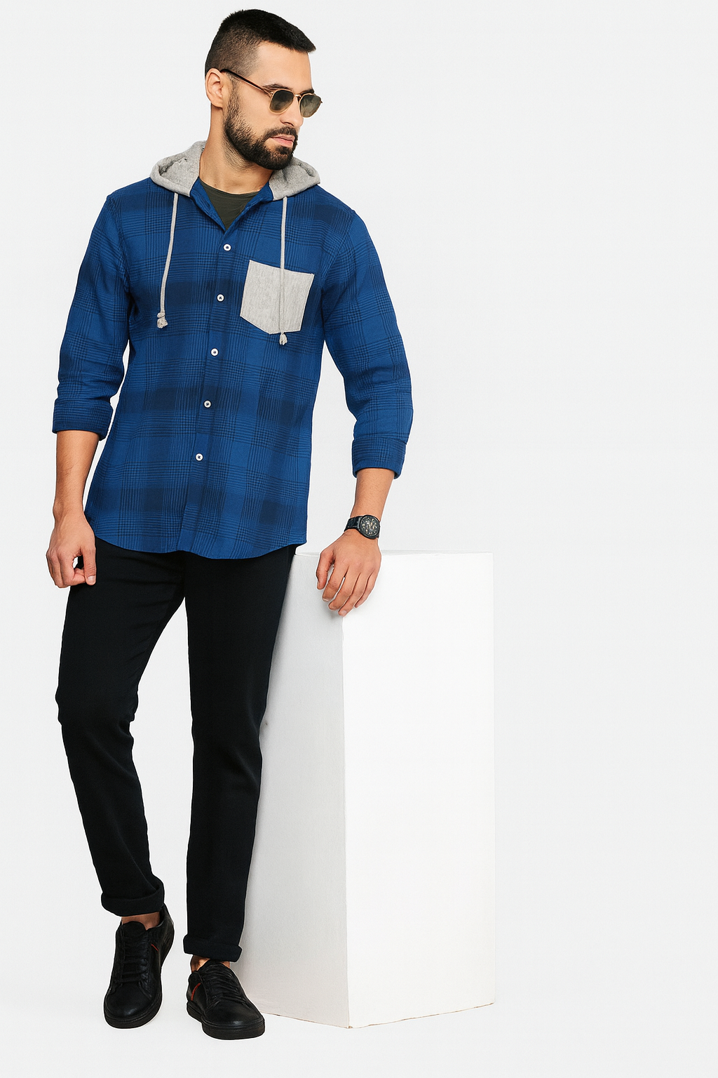 Men’s Blue Plaid Hooded Casual Shirt with Grey Pocket/ MH