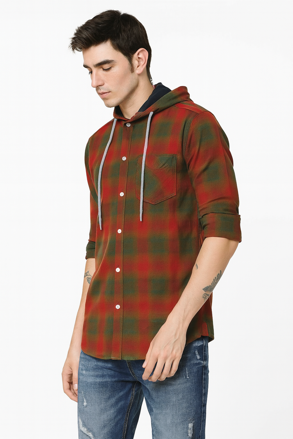 "Men’s Red & Olive Checkered Hooded Casual Shirt – Full Sleeve" / MH