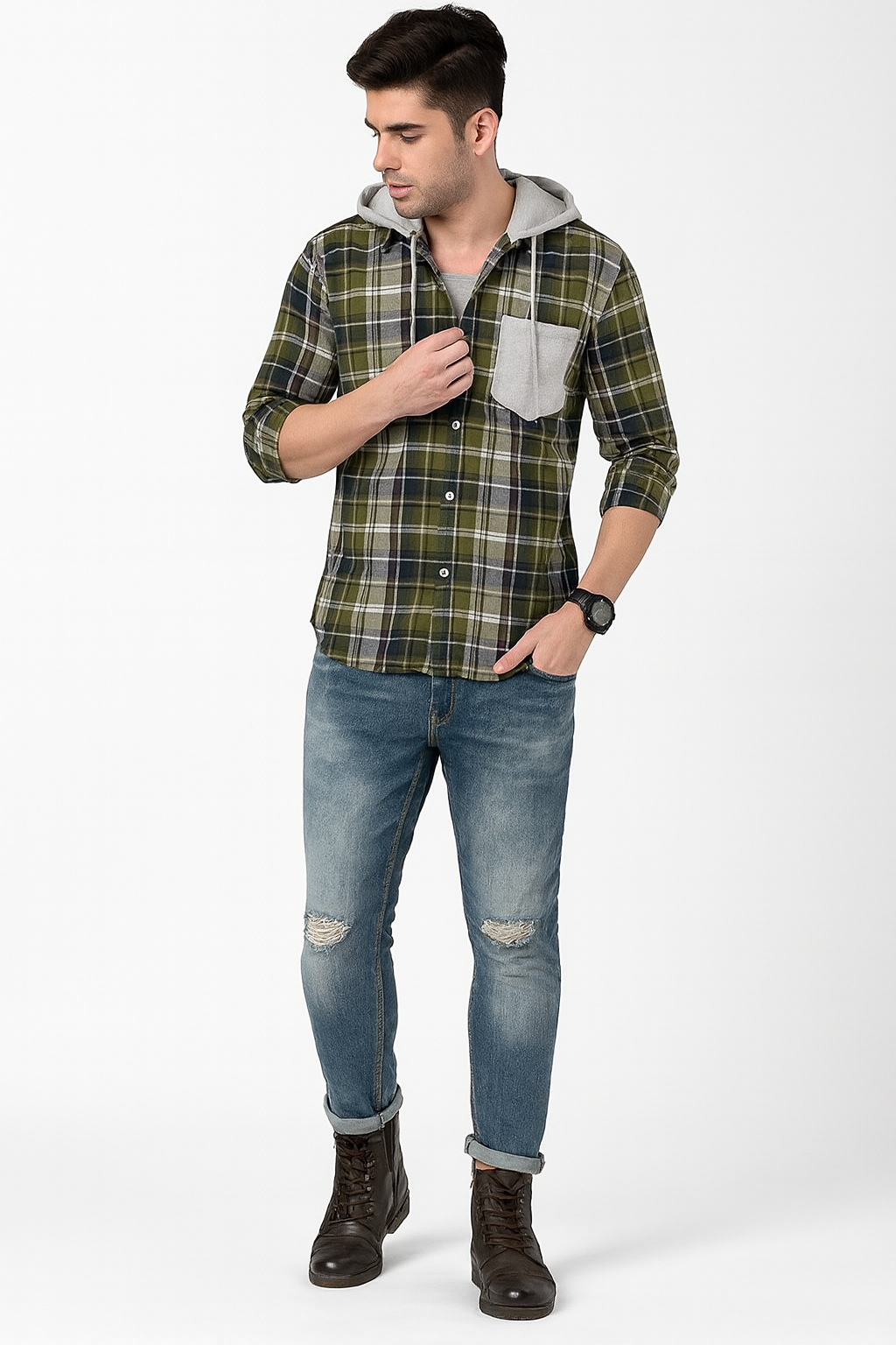 "Men’s Olive Green Checkered Hooded Casual Shirt – Full Sleeve"/ MH
