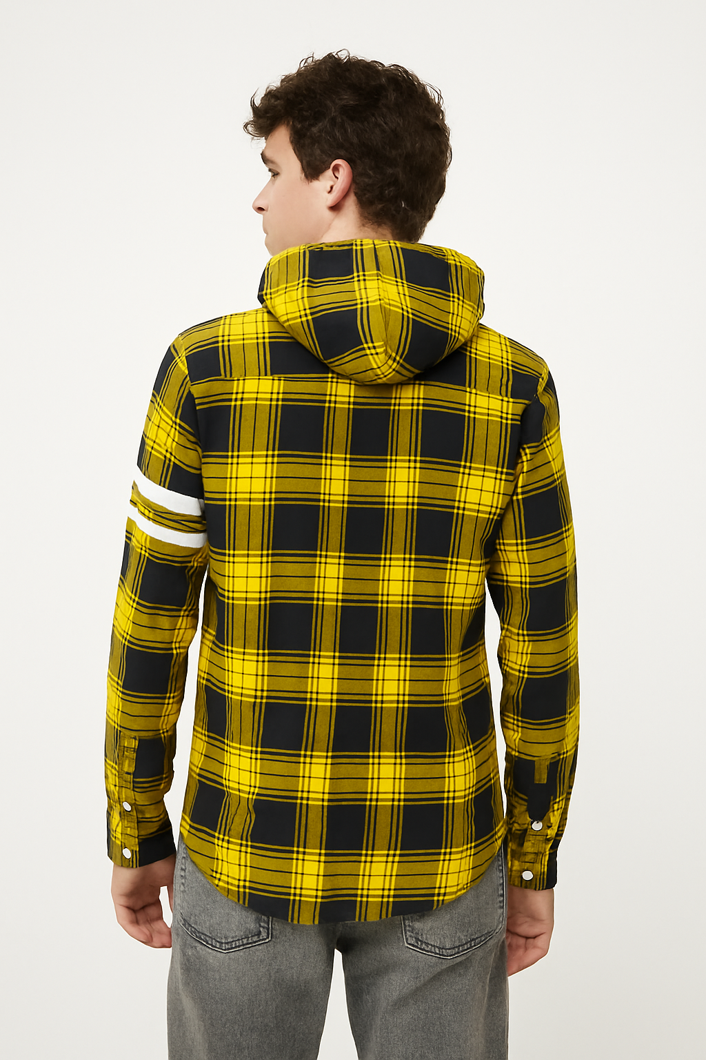 "Men’s Yellow & Black Checkered Hooded Casual Shirt – Full Sleeve/MH