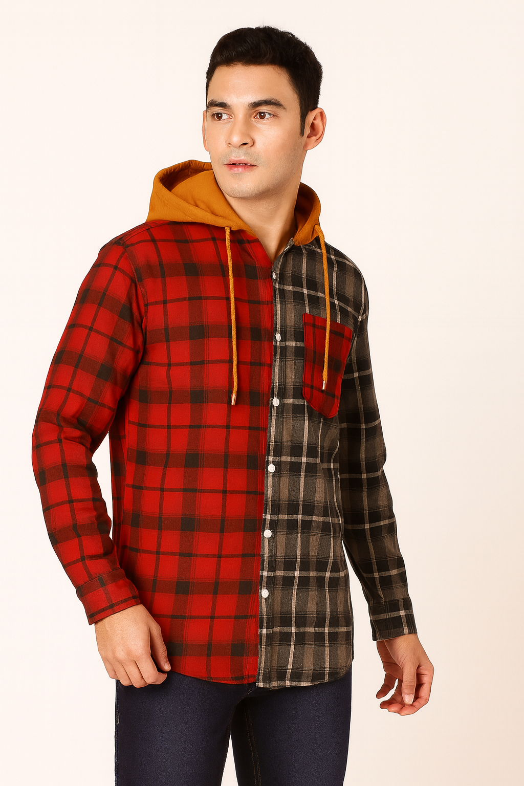 Two-Tone Plaid Hoodie Shirt – Red & Grey with Mustard Hood