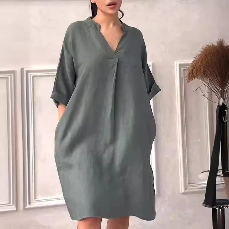 Fashion Cotton And Linen Women's V-neck Loose Dress women fashion'/MH