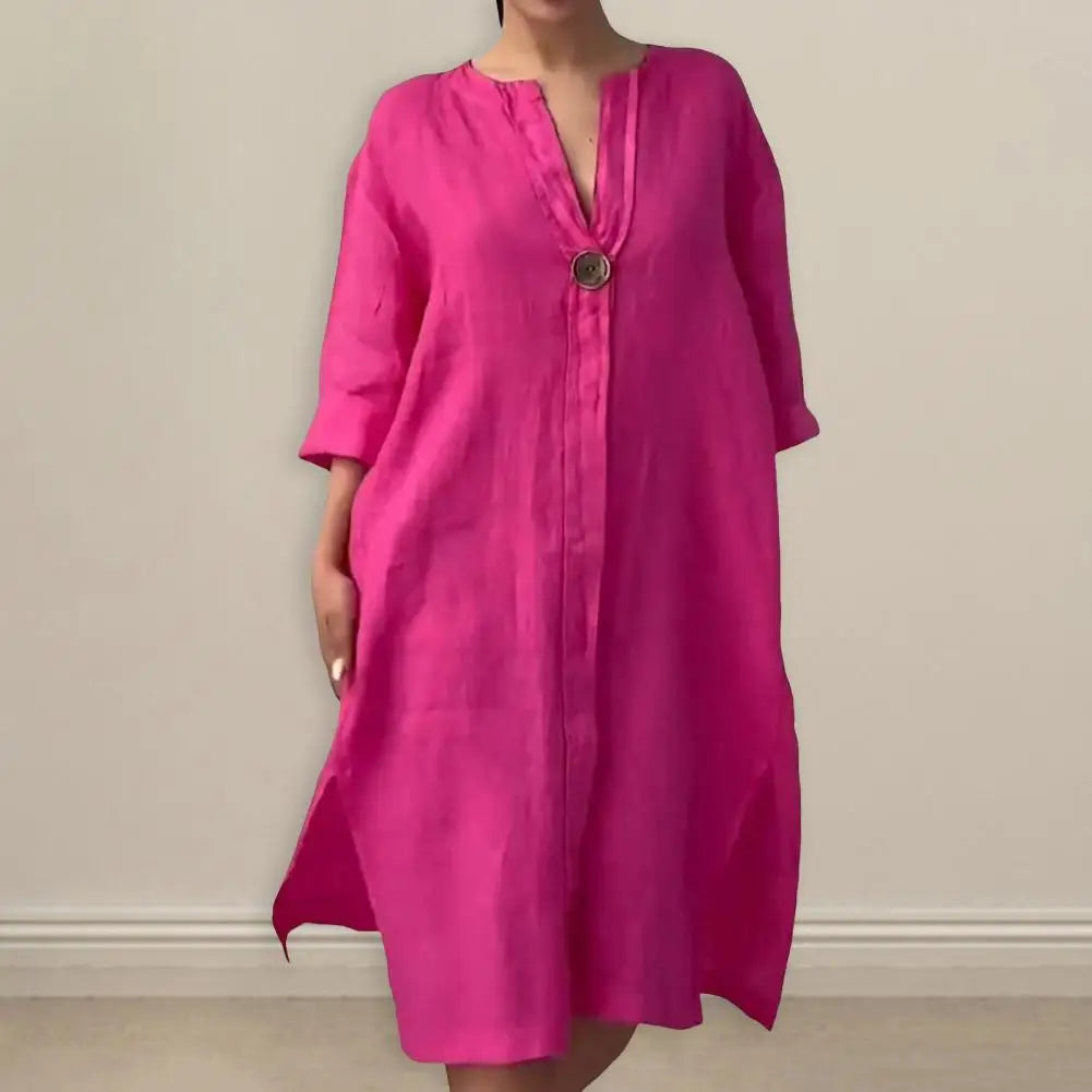 Summer Women Dress V Neck Side Split Loose Pullover Button women fashion'/MH