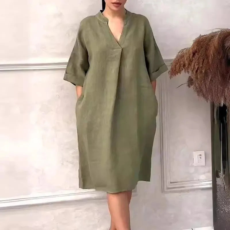 Fashion Cotton And Linen Women's V-neck Loose Dress women fashion'/MH