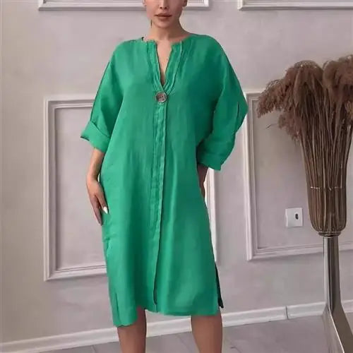 Women's Casual Button-Up Linen irt Long Ne round Color women fashion;/MH