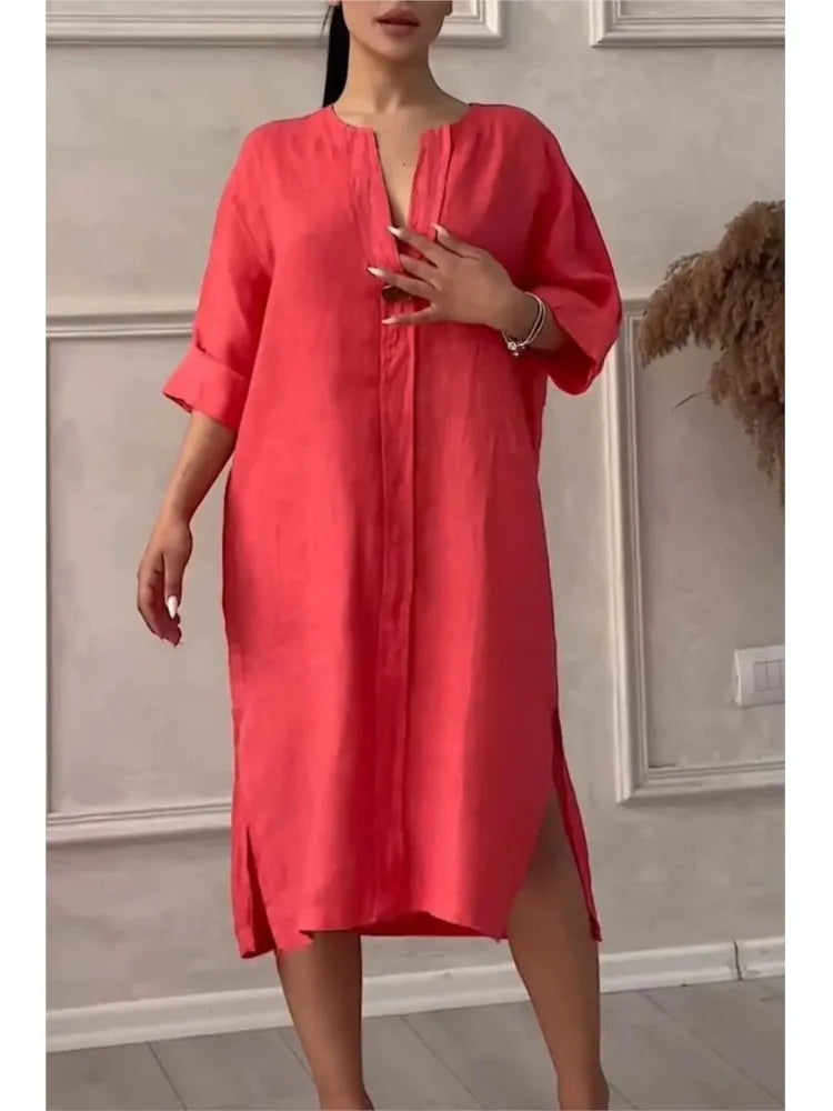 Elegant O-neck Long-sleeved Button Dress For Women ./ MH