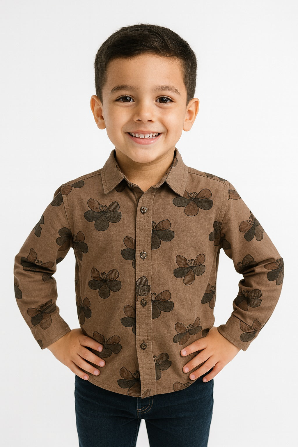 Boys' Floral Print Shirt – Coffee Brown Casual Cotton MH