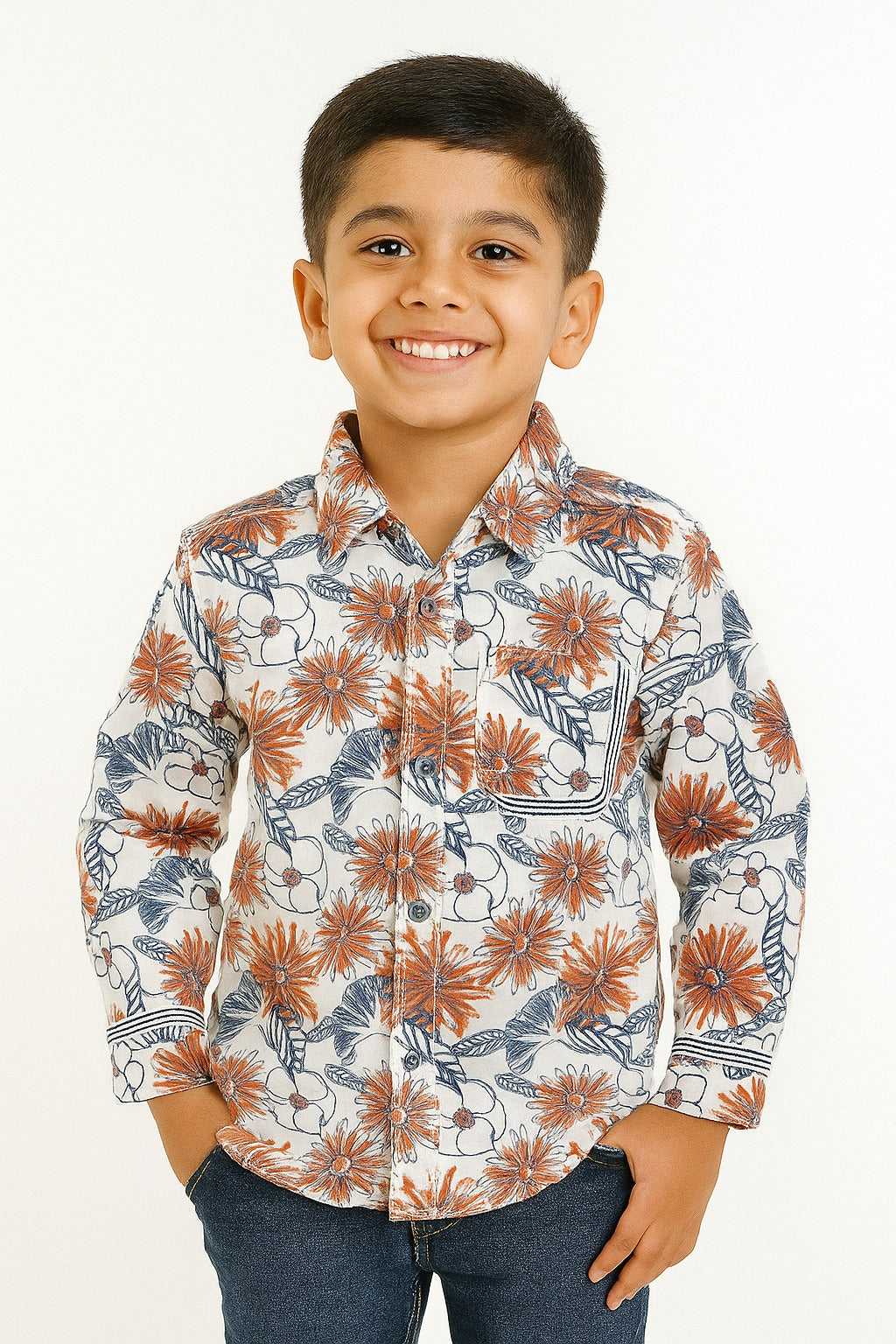 Boys' Floral Garden Shirt – White with Orange & Navy Print MH
