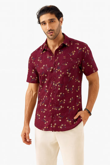 "Men's Maroon Floral Print Cotton Casual Shirt – Short Sleeve, Summer Ready / MH