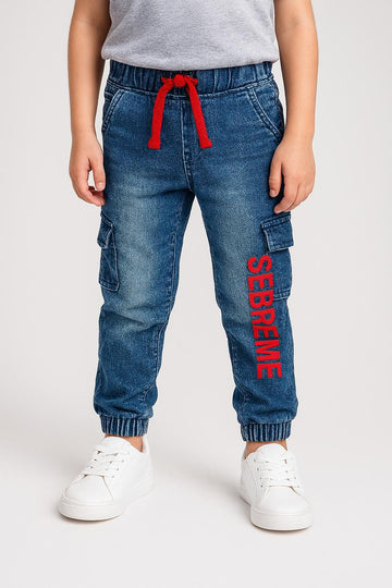 Boys’ Blue Cargo Denim Joggers with Red SEBREME Print & Drawstring Waist/MH