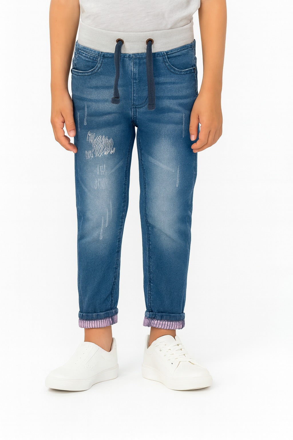 Kids' Rolled Cuffs and Striped Inner Lining Denim Jogger Jeans I MH