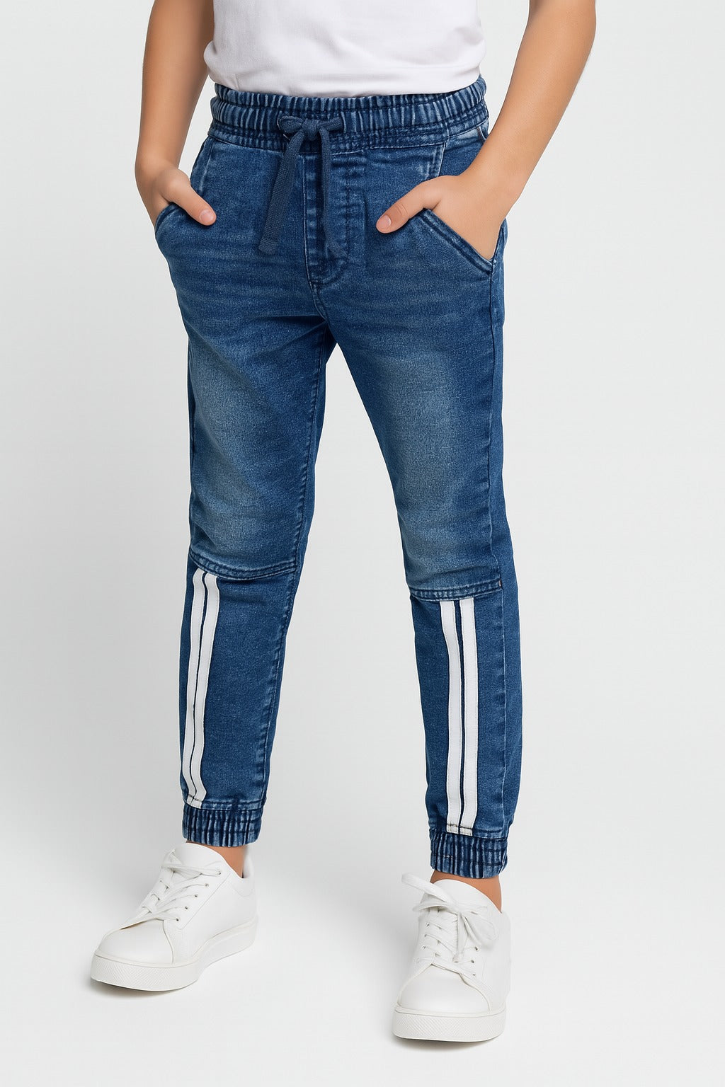 Kids' White Knee Side Stripes Denim Jogger Jeans