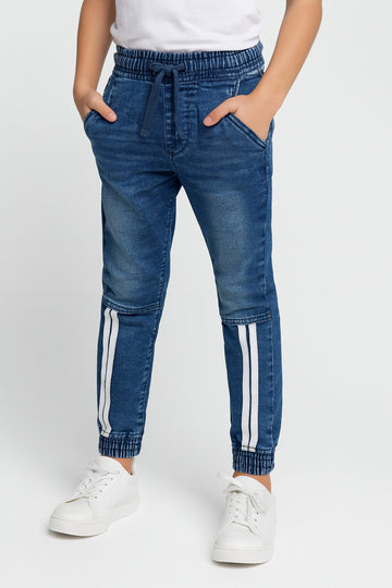 Kids' White Knee Side Stripes Denim Jogger Jeans